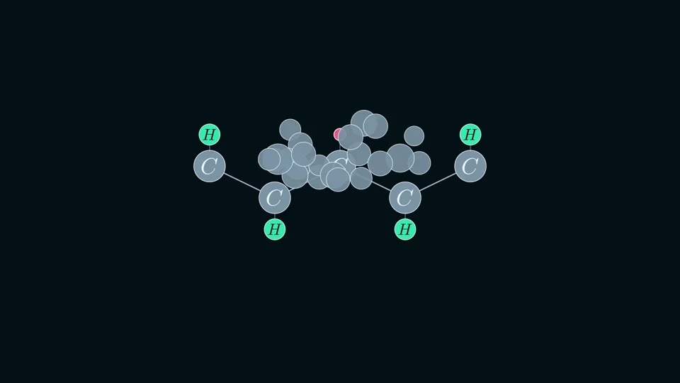Frame from The Proton Hidden in Plastic showing hydrogen atoms around carbon nuclei in a plastic molecule